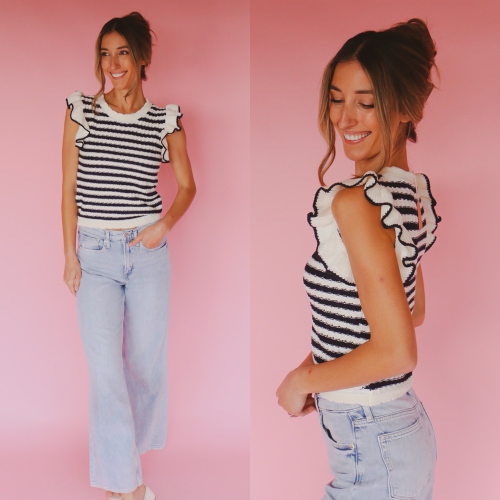 navy stripe ruffle sweater top